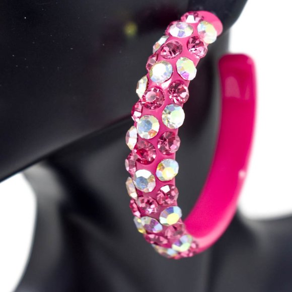 2" Pink Diagonal AB/Pink Rhinestones Hoop Earrings - Picture 1 of 9